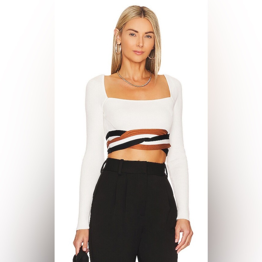 White Square-Neck Long Sleeve Crop Top with Striped Waist Detail